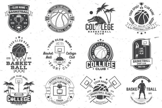 Set of basketball college club badge. Vector illustration. Concept for shirt, print, stamp or tee. Vintage typography design with crocodile, basketball hoop and basketball ball silhouette.