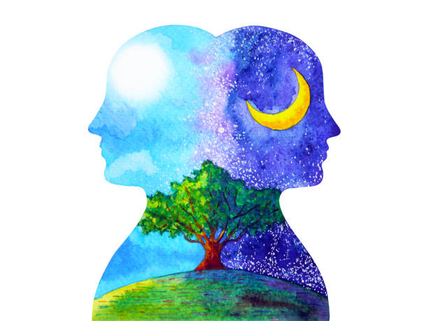 ilustraciones, imágenes clip art, dibujos animados e iconos de stock de chakra de la cabeza humana poderosa inspiración día y noche árbol abstracto pensamiento acuarela pintura ilustración mano dibujado - terapia-medicina-alternativa