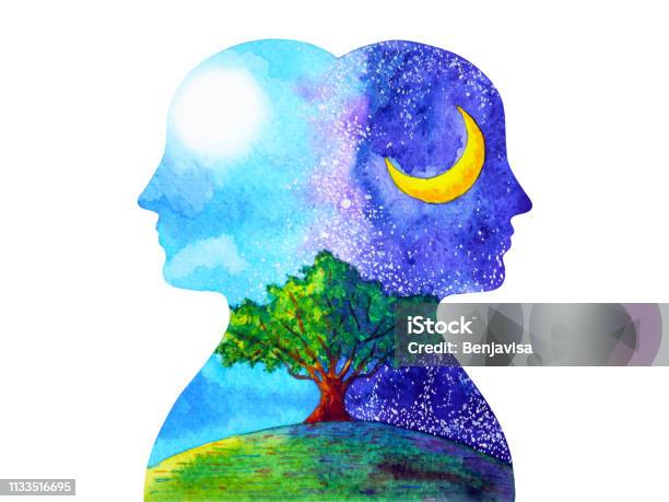 Human Head Chakra Powerful Inspiration Day And Night Tree Abstract Thinking Watercolor Painting Illustration Hand Drawn Stock Illustration - Download Image Now