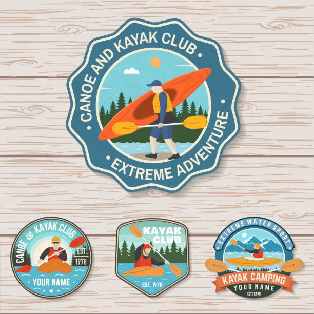ilustrações de stock, clip art, desenhos animados e ícones de set of canoe and kayak club badges vector. concept for patch, shirt, stamp or tee. vintage design with mountain, river, forest and kayaker silhouette. extreme water sport kayak patches - silhouette kayaking kayak action