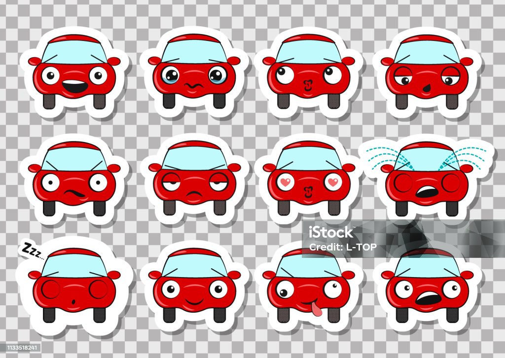 Set Of Stickers With Funny Red Cars On A Transparent Background Vector  Illustration In Cartoon Style Stock Illustration - Download Image Now -  iStock
