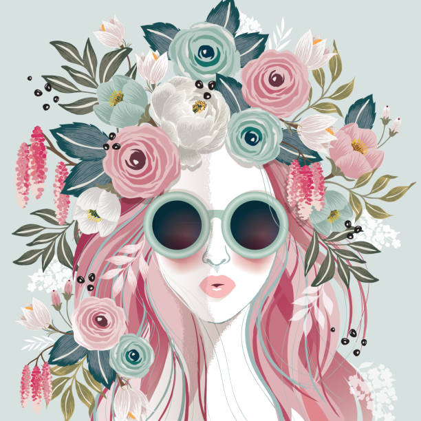 Vector illustration of a beautiful girl wearing headdress with flowers and sunglasses. Design for banner, poster, card, invitation and scrapbook springtime woman stock illustrations