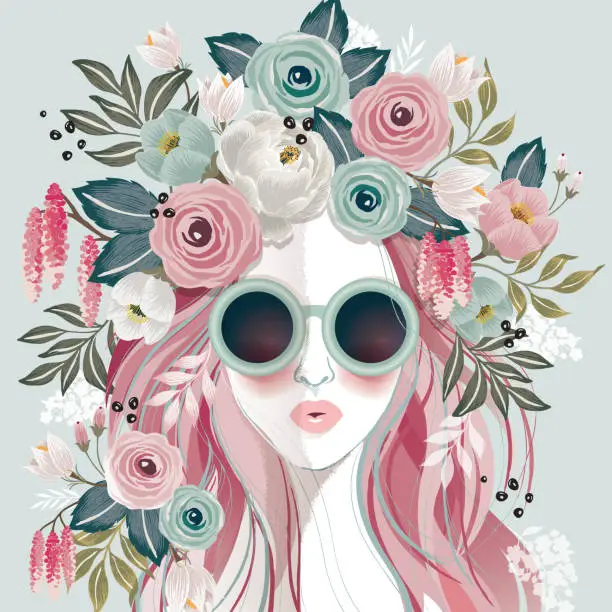 Vector illustration of Vector illustration of a beautiful girl wearing headdress with flowers and sunglasses.