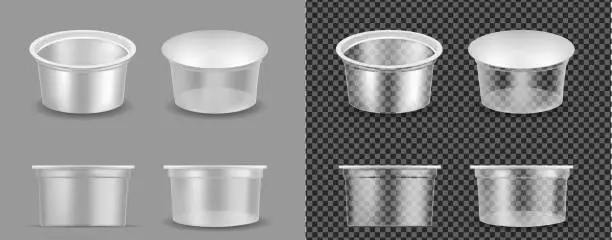 Vector illustration of Transparent empty plastic container for yogurt. Packaging for sour cream and sauce