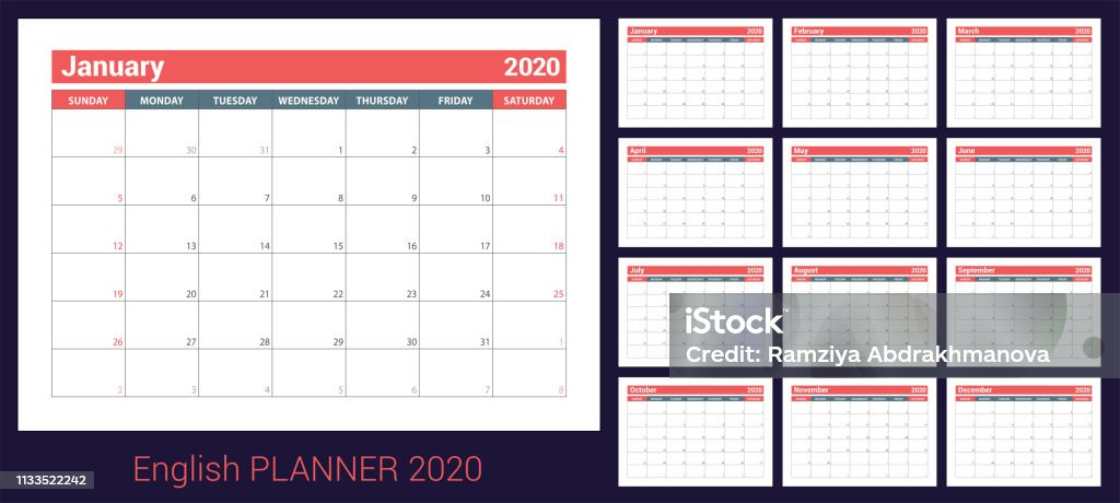 2020 calendario de la agenda. Planificador de inglés. Plantilla de vectores de Сolor. La semana comienza el domingo. Planificación de negocios. Calendario de año nuevo. Limpie la mesa mínima. Diseño sencillo - arte vectorial de Calendario libre de derechos