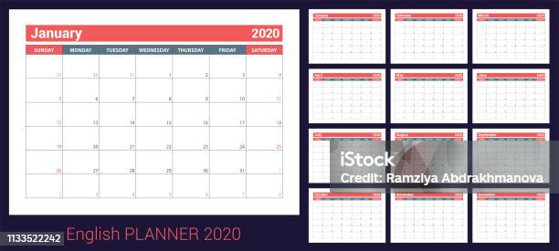 Ilustración de 2020 Calendario De La Agenda Planificador De Inglés Plantilla De Vectores De Сolor La Semana Comienza El Domingo Planificación De Negocios Calendario De Año Nuevo Limpie La Mesa Mínima Diseño Sencillo y más Vectores Libres de Derechos de Calendario
