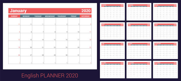 2020 calendar. English planner. Сolor vector template. Week starts on Sunday. Business planning. New year calender. Clean minimal table. Simple design 2020 calendar. English planner. Сolor vector template. Week starts on Sunday. Business planning. New year calender. Clean minimal table. Simple design 2020 stock illustrations
