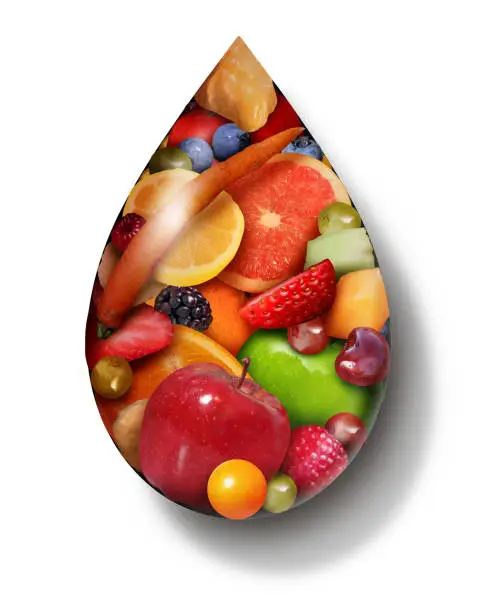 Fruit Juice drop as organic natural sweet produce as a symbol for a detox beverage or healthy food diet drink in a 3D illustration style.