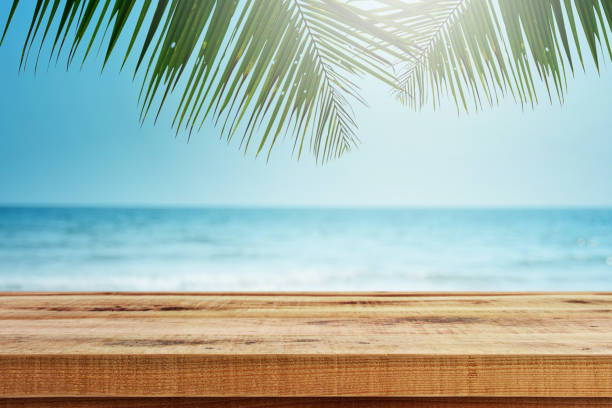 istock Tropical beach background with palm tree and empty wooden, Summer. 1133522899