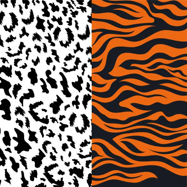 Vector illustration of Leopard  and tiger pattern print animal vector skin.seamless- funny drawing poster or t-shirt textile graphic wild design. Wallpaper, wrapping paper.Spotted fur.Nature fashion safari.Color style