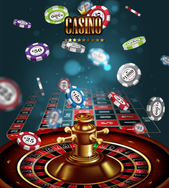 Casino advertising with roulette and elements of casino games on a blue background.  3D vector. High detailed realistic illustration. vector art illustration