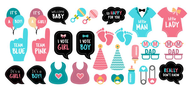 gender reveal baby shower photo booth props Baby shower photo booth props. Gender reveal party. Pink and blue cards to choose boy or girl. Vector photobooth set: bottle, nippel, feet, toy. Good for invitation, banner, poster. Birthday template for newborn. group of babies stock illustrations