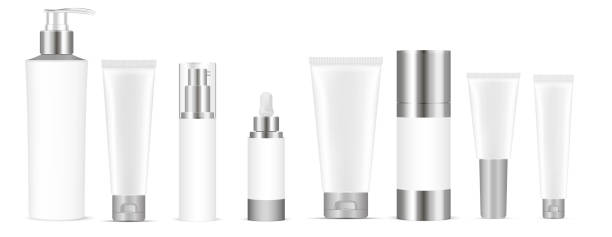 istock Set of white vector cosmetic bottle blank templates, plastic containers bottles with spray, dispenser and dropper, cream tube. Realistic 3d mock-up of cosmetics package. 1133528872