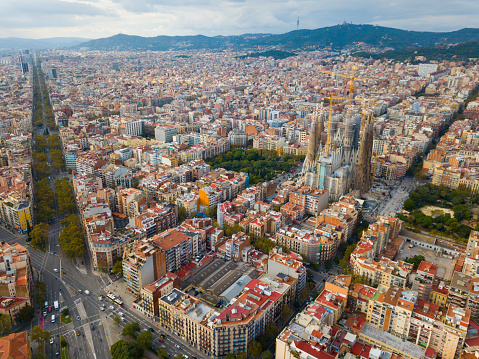 Aerial view of Sagrada Familia â impressive cathedral designed by Gaudi, Barcelona