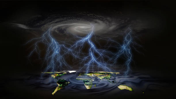 mudança de clima conceptual o parafuso escuro abstrato da mitigação com nuvens do teto e terra do planeta continentes mapa terra em um fundo escuro.  elementos desta imagem fornecido pela nasa. - global warming flash - fotografias e filmes do acervo