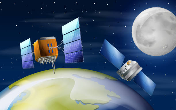 satelliten, die die erdszene umkreisen - satellite dish stock-grafiken, -clipart, -cartoons und -symbole