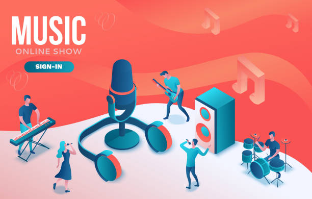 Isometric music radio show 3d illustration, modern concert poster, audio blog concept, vector landing page with people singing, microphone, guitar, podcast recording sound studio, living coral color Isometric music radio show 3d illustration, modern concert poster, audio blog concept, vector landing page with people singing, microphone, guitar, podcast recording sound studio, living coral color recording studio illustrations stock illustrations