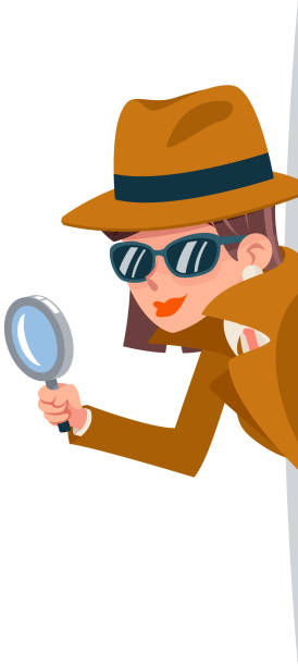 Cute woman snoop detective magnifying glass tec peeking out corner search help noir female cartoon character design isolated vector illustration Cute woman snoop detective magnifying glass tec peeking out corner search help noir female character cartoon design isolated vector illustration detective illustrations stock illustrations