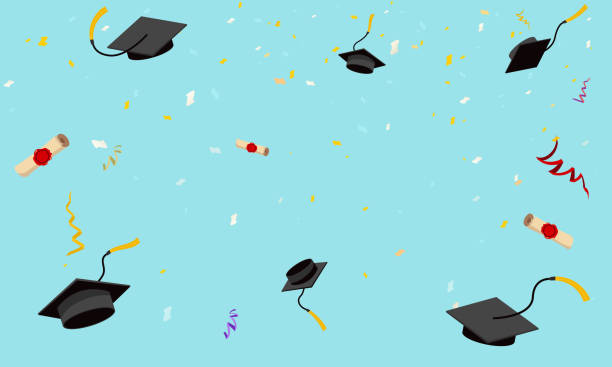 istock Graduation hats fly in sky poster graduation caps scrolls confetti flat design vector illustration 1133534194
