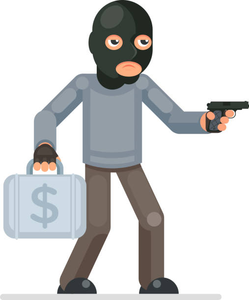 ilustraciones, imágenes clip art, dibujos animados e iconos de stock de arma robo armado robó dinero maleta mal con avidez ladrón cartoon rogue bulgar carácter plano diseño aislado vector ilustración - gun currency crime mafia