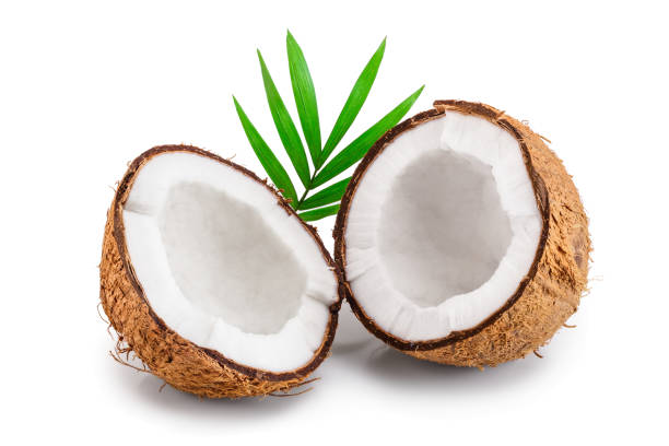 istock half of coconut with leaves isolated on white background 1133534498