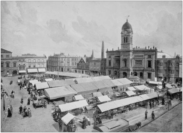 Antique black and white photograph of England and Wales: Derby, Market square Antique black and white photograph of England and Wales: Derby, Market square derby city stock illustrations