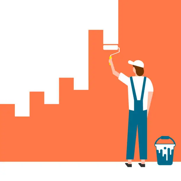 Vector illustration of Worker man paints wall. Vector illustration. Eps