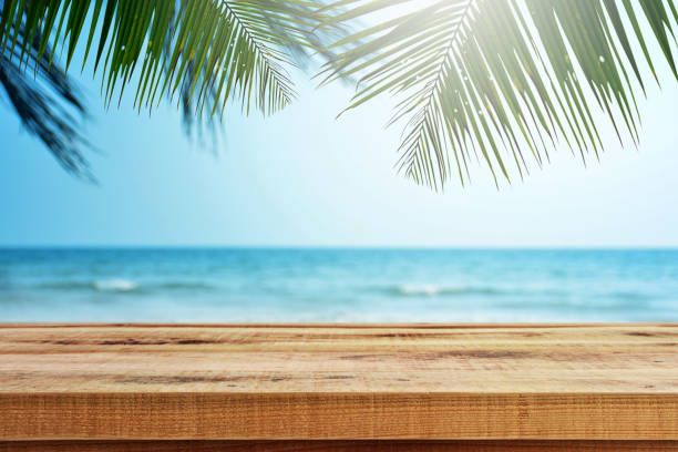 istock Tropical beach background with palm tree and empty wooden, Summer. 1133536587