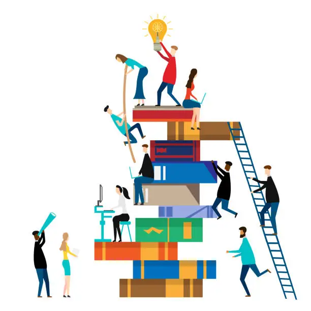 Vector illustration of People climbing books. isolated on white background. Vector illustration.