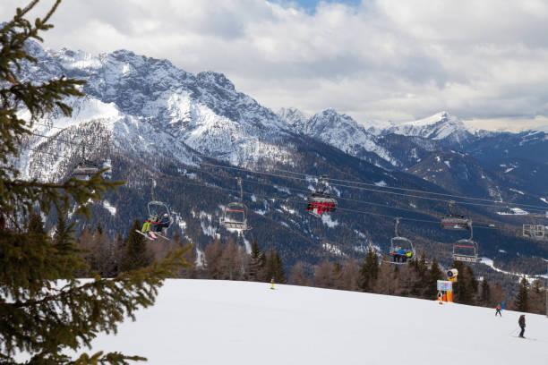 Monte Elmo, Dolomites, Italy - Mountain skiing and snowboarding. Sexten (Sesto), Trentino-Alto Adige, Puster Valley (Alta Pusteria), South Tyrol. stock photo