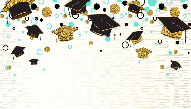 대학원 모자, 검은 색과 금색 색상, 흰색 바탕에 반짝이 도트와 졸업 단어. 축 졸업생의 클래스. 인사말, 배너, 초대장에 대 한 디자인입니다. 벡터 일러스트 - graduation stock illustrations