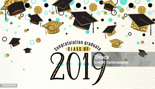 卒業式の背景のクラス2019と卒業式キャップ 黒と金の色 白い黄金のラインストライプの背景にキラキラドット帽子が投げられたベクトルイラストレーション - 卒業式のベクターアート素材や画像を多数ご用意