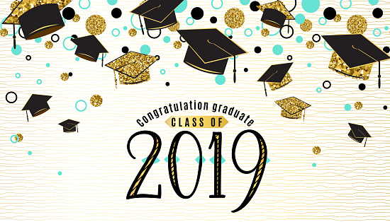 Graduation background class of 2019 with graduate cap, black and gold color, glitter dots on a white golden line striped backdrop. Hat thrown up. Vector illustration.