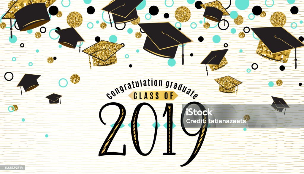 Graduation background class of 2019 with graduate cap, black and gold color, glitter dots on a white golden line striped backdrop. Hat thrown up. Vector illustration Graduation background class of 2019 with graduate cap, black and gold color, glitter dots on a white golden line striped backdrop. Hat thrown up. Vector illustration. Graduation stock vector