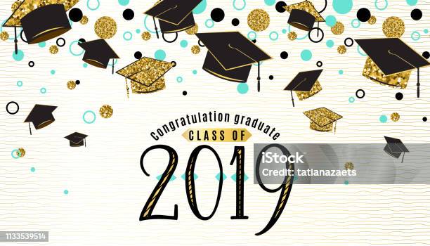 Graduation Background Class Of 2019 With Graduate Cap Black And Gold Color Glitter Dots On A White Golden Line Striped Backdrop Hat Thrown Up Vector Illustration Stock Illustration - Download Image Now