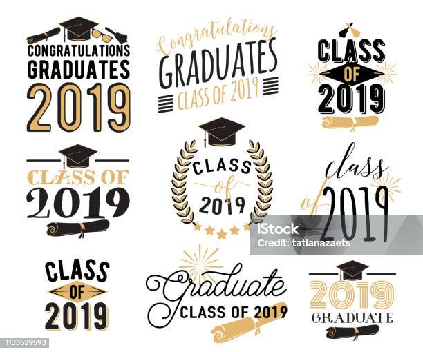 Graduation Wishes Overlays Lettering Labels Design Set Retro Graduate Class Of 2019 Badges Hand Drawn Emblem With Sunburst Hat Diploma Bell Isolated Sign Or Logo Stock Illustration - Download Image Now