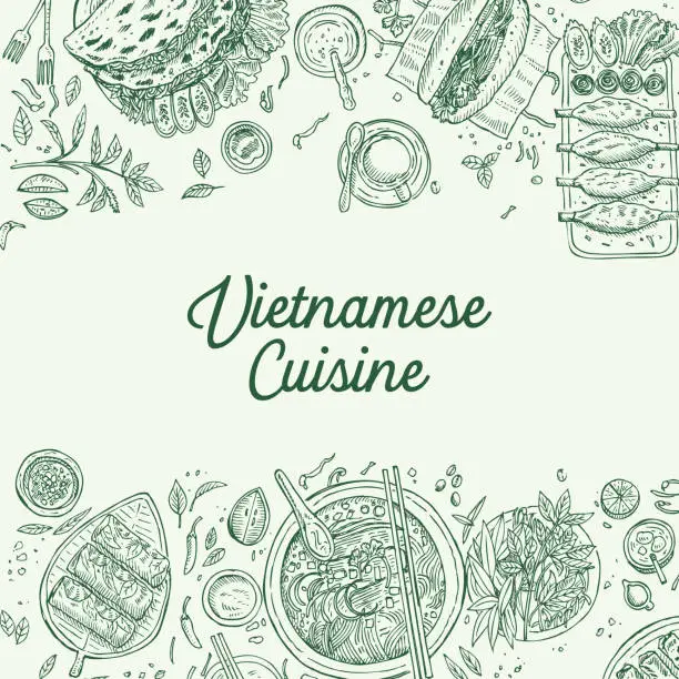 Vector illustration of Vietnamese food flyer design. Linear graphic. Vector illustration. Engraved style.