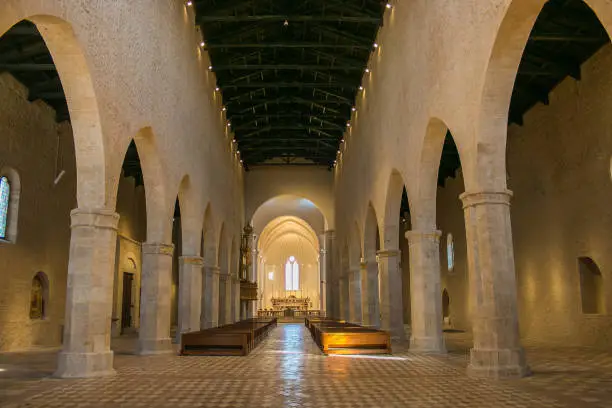 Photo of Interior of the romanesque Basilica of Santa Maria di Collemaggio in l'Aquila restored after the earthquake of 2009