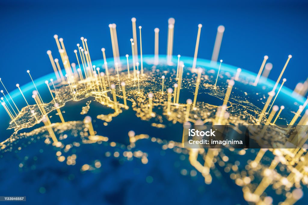 Global Communications (World Map Courtesy of NASA) Abstract Earth view from space with fiber optic cables rising from major cities.
(World Map Courtesy of NASA: https://visibleearth.nasa.gov/view.php?id=55167) Global Business Stock Photo