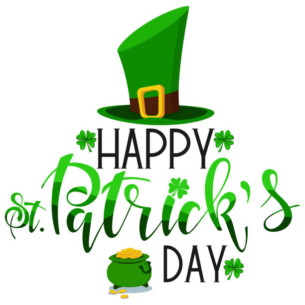 illustrazioni stock, clip art, cartoni animati e icone di tendenza di testo happy st. patrick's day con quadrifoglio, cappello verde leprechaun e pentola con monete d'oro. biglietto di auguri irlandese con carattere disegnato a mano. illustrazione vettoriale del cartone animato. - leprechaun st patricks day cartoon luck