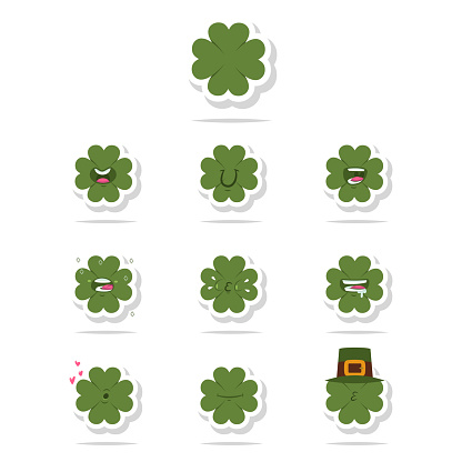 Fun Clover Funny Four Leaf Clover With Different Kawaii Emotions Vector Cartoon ...