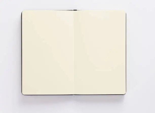 notebook or book with empty pages on white background, top view