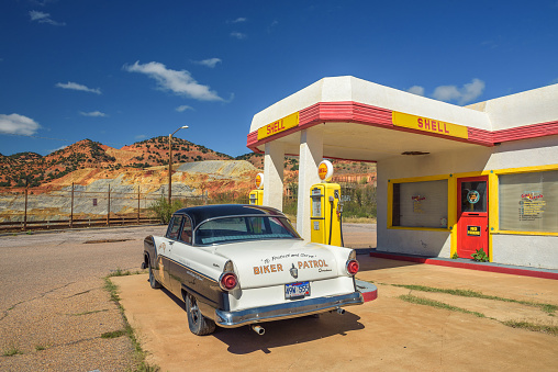 Lowell, Arizona, USA - October 17, 2018 : Historic Shell gas station in the abandoned mine town of Lowell, Arizona. This ghost town is now part of Bisbee and it is a popular tourist attraction.