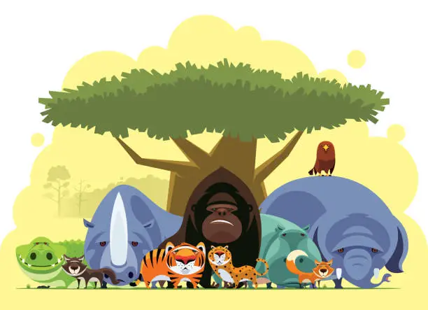Vector illustration of group of wild animals gathering