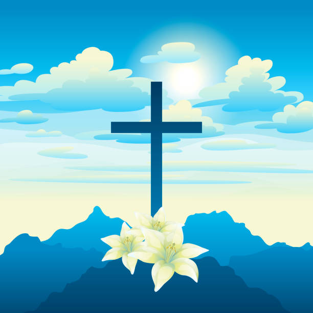 Easter illustration. Greeting card with cross and lilies. Easter illustration. Greeting card with cross and lilies. Religious symbol of faith. pics of a cross easter lilies stock illustrations