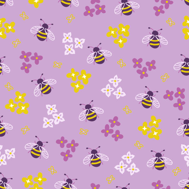 ilustrações de stock, clip art, desenhos animados e ícones de seamless floral pattern with bee and small flowers - field image computer graphic bee