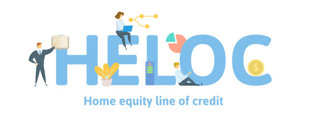 heloc, home equity line of credit. koncepcja ze słowami kluczowymi, literami i ikonami. płaska ilustracja wektorowa. odizolowane na białym tle. - house of cards cards loan balance stock illustrations