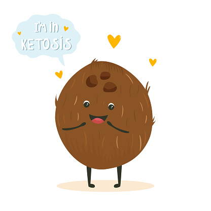 Funny cute coconut character with lettering, keto diet lover. Ketosis concept