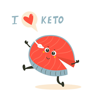 Funny cute fish character, keto diet lover. Ketosis concept