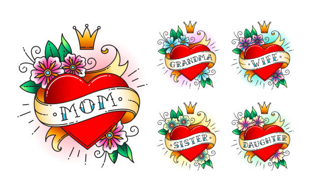 набор классических тату сердце с цветами, короной и лентой со словом. - tattoo heart shape love ribbon stock illustrations